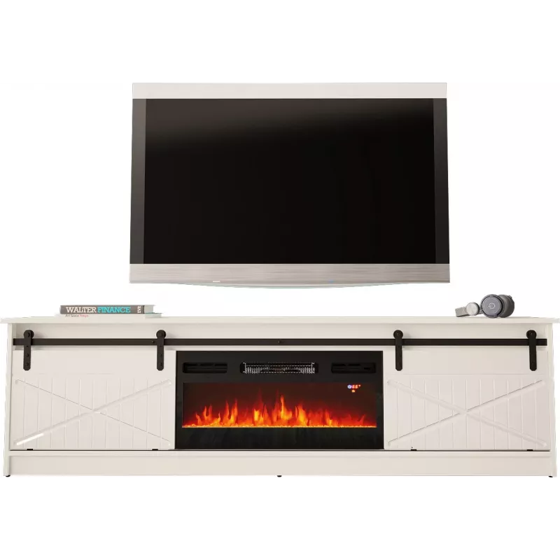 TV-Schrank mit elektrischem Kamin Cama Meble GRANERO Modell RTV GRANERO + KOM B/B, 200 x 56,7 x 35 cm, Weiß/Hochglanzweiß, 2 Türen, 2 Einlegeböden, MDF/Spanplatte