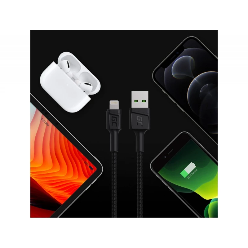 Lightning-Kabel Green Cell KABGC18 — 2 m, Lightning auf USB-A, schwarz