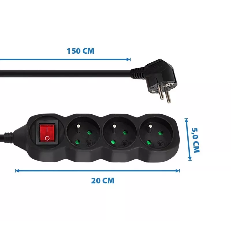 Stromverlängerungskabel ESPERANZA ELK210K — 1,5 m Kabel, 3 AC-Steckdosen Typ E, abgewinkelter Stecker, innen, schwarz