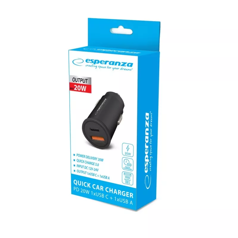 Auto-USB-Ladegerät ESPERANZA EZC111K, 20W (USB-C PD 20W + USB-A QC3.0), 12–24V Eingang, schwarz