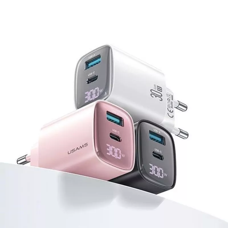 Ladegerät usams CC229 30W GaN USB-C und USB LED kompaktes Reiseladegerät