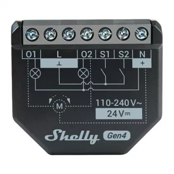 Shelly 2PM Gen4 Rollladen-/Jalousieaktor 2 Kanäle, AC 110–240V, 2,4 GHz Wi‑Fi, 1,4 W, 8000 KB Flash
