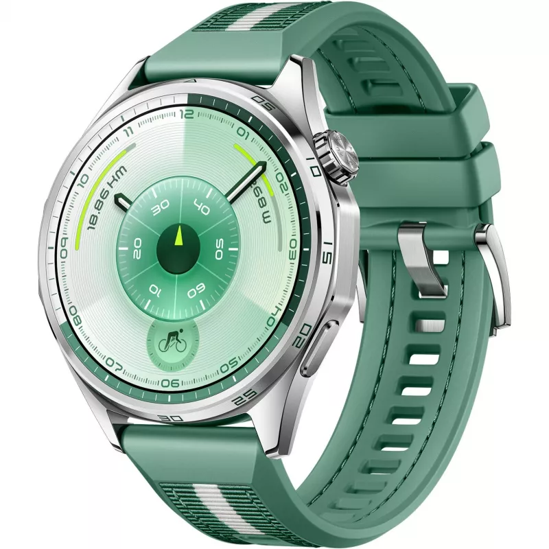 Huawei WATCH GT 6 46 mm Smartwatch, 1,47" AMOLED 466 x 466, Touchscreen, GPS, 64 GB, Edelstahlgehäuse, grünes gewebtes Armband