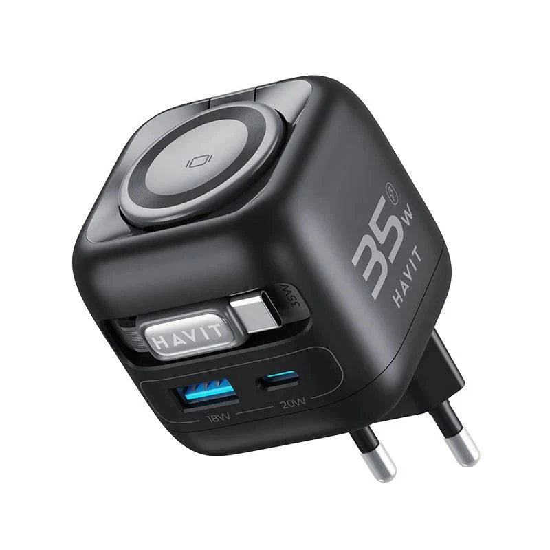 Havit UC250 A-EU GaN-Reiseladegerät mit ausziehbarem Kabel, schwarz