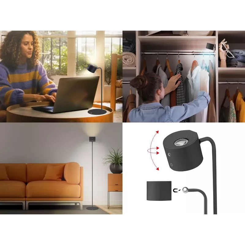 Beper P201UTP306 aufladbare höhenverstellbare LED-Lampe, stehend und wandmontierbar, 2,3 W, dimmbar, schwarz