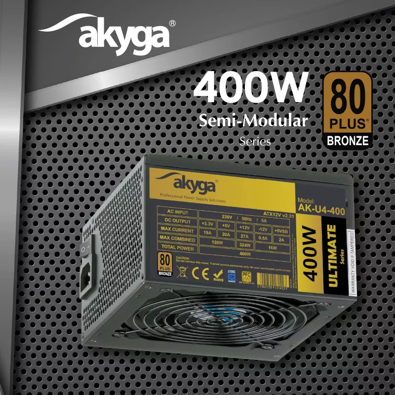Akyga AK-U4-400 Ultimate 400 W ATX-Netzteil, 80 PLUS Bronze, aktive PFC, 120-mm-Lüfter