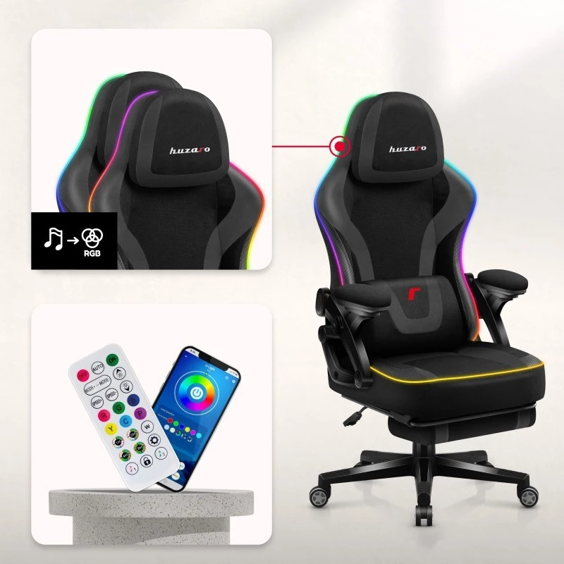 Gaming-Stuhl huzaro HZ-FORCE 4.6 RGB Schwarz Mesh — ergonomisch, höhenverstellbar, RGB-Beleuchtung, Stoffsitz, max. 130 kg