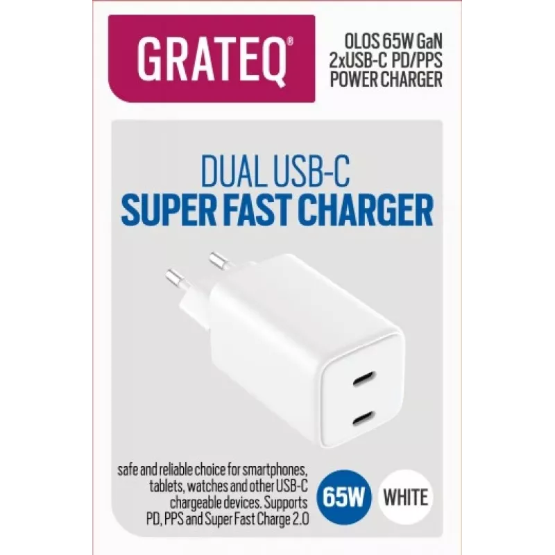 GRATEQ OLOS Wandladegerät PD/PPS, 2x USB-C, GaN, 65 W