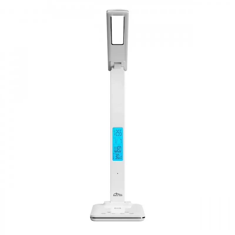 Media-Tech MT222 Leditou LED-Schreibtischlampe mit 15-W-Qi-Ladestation, Uhr, Wecker, Thermometer, weiß