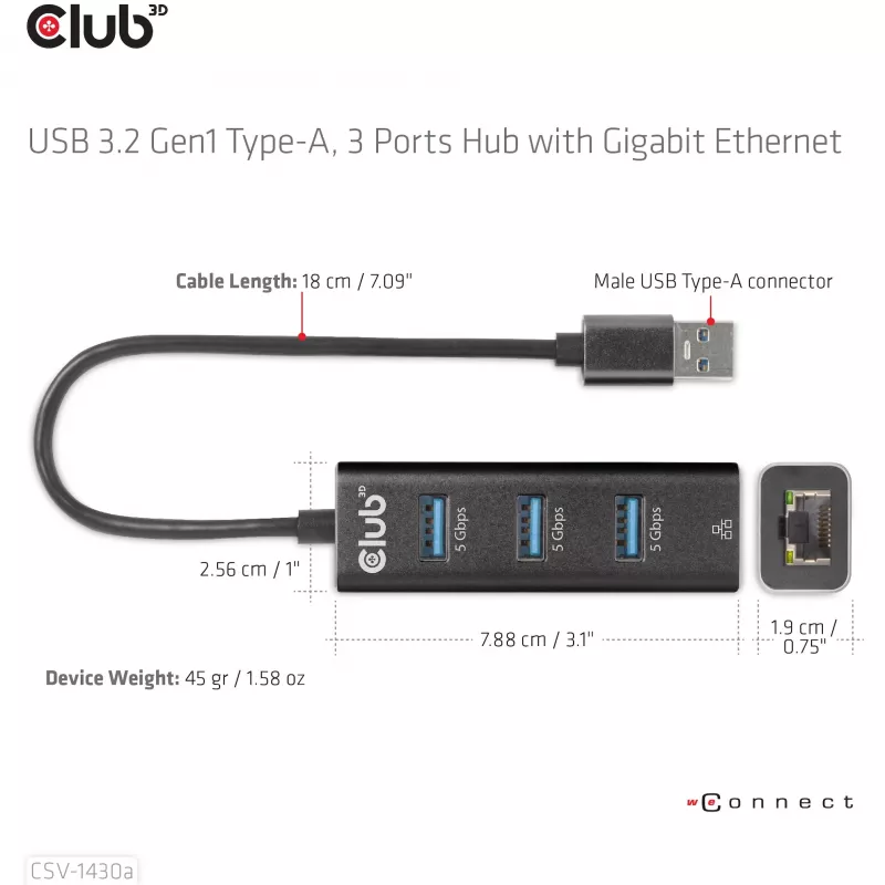 USB-Hub CLUB3D USB 3.2 Gen1 Type-A mit 3 Anschlüssen und Gigabit-Ethernet