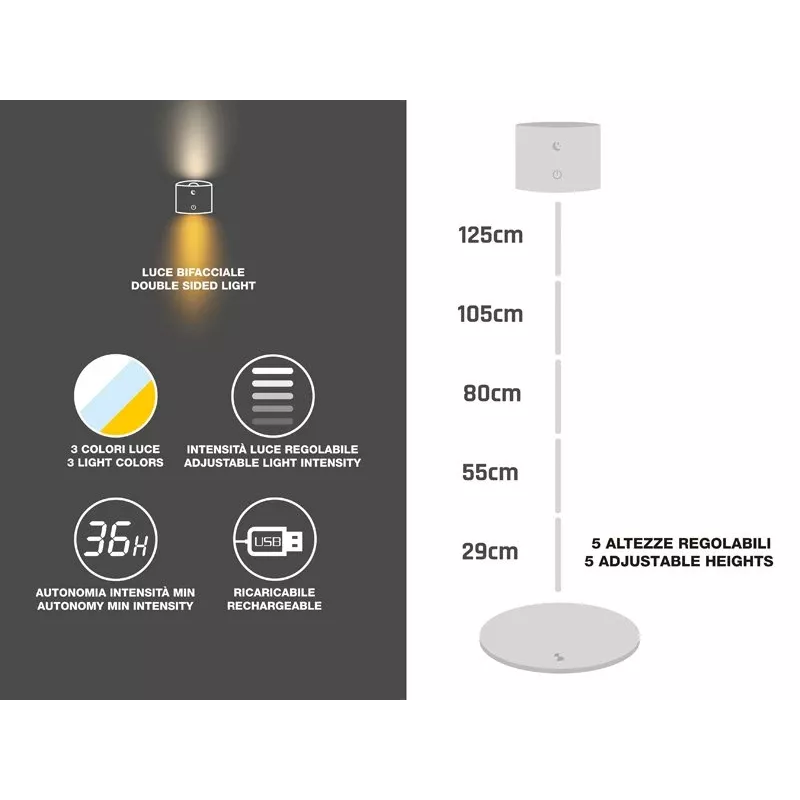 Beper P201UTP305 aufladbare höhenverstellbare LED-Lampe, stehend und wandmontierbar, 2,3 W, dimmbar, weiß