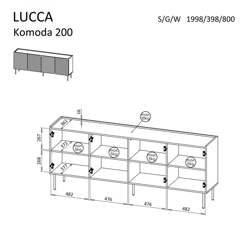 Kommode cama meble LUCCA 4D, 200×40×80 cm, schwarz, Korpus aus Spanplatte