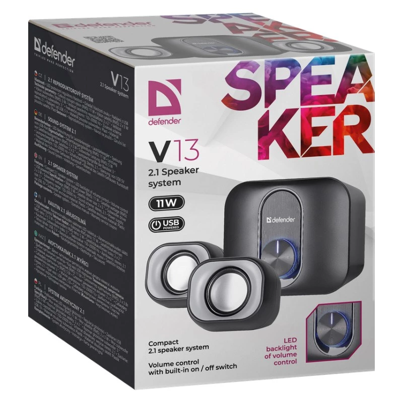 Desktop 2.1-Lautsprecher DEFENDER V13 — 11 W RMS (6 W Satelliten, 5 W Subwoofer), USB-Stromversorgung, 3,5-mm-Eingang, Schwarz