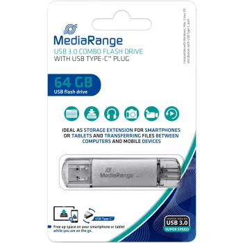 Combo-Speicherstick 64 GB, USB-Flash-Laufwerk Silber/transparent, USB-A 3.2 Gen 1, USB-C 3.2 Gen 1