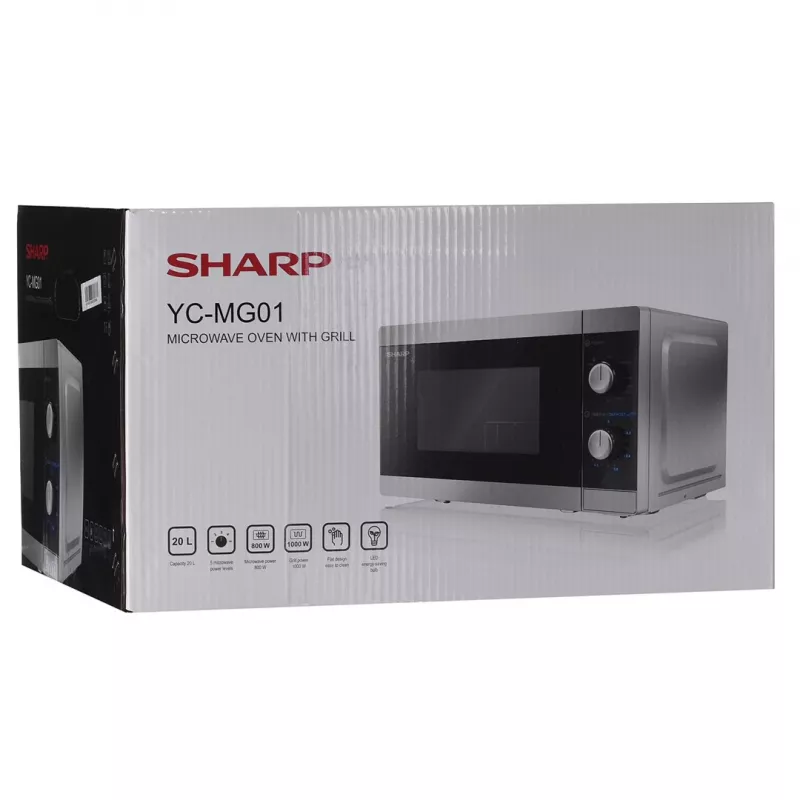Sharp YC-MG01E-S Mikrowelle mit Grillfunktion, 20 l, 800 W, freistehend, Silber/Schwarz