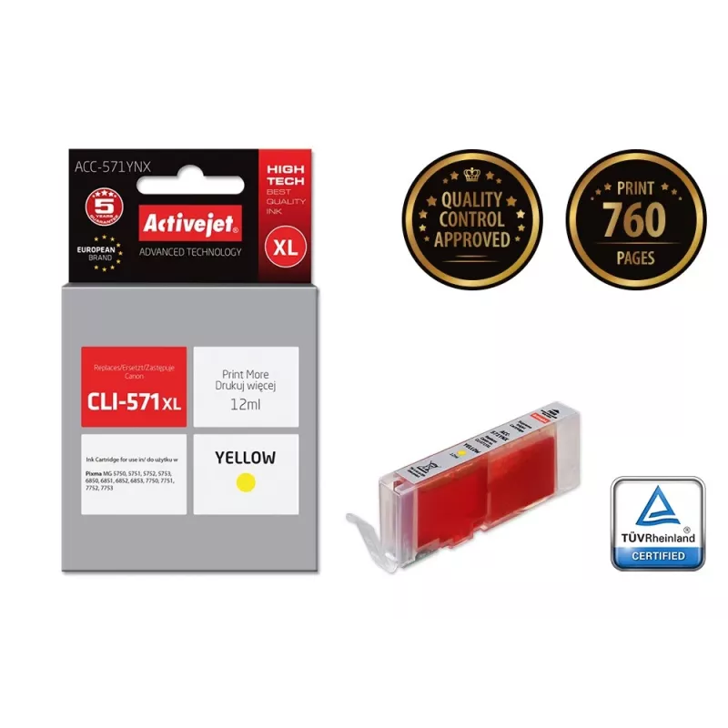Activejet ACC-571YNX Tinte (Ersatz für Canon CLI-571XLY; Supreme; 12 ml; gelb)