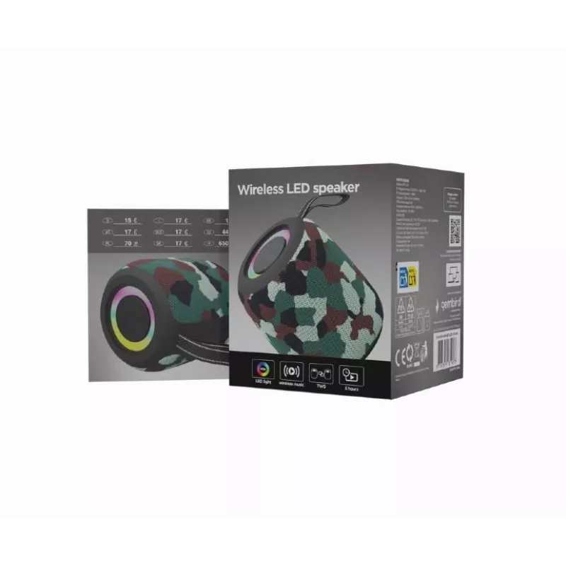 Gembird SPK-BT-LED-05-CM tragbarer Bluetooth-Lautsprecher mit LED, Tarnmuster