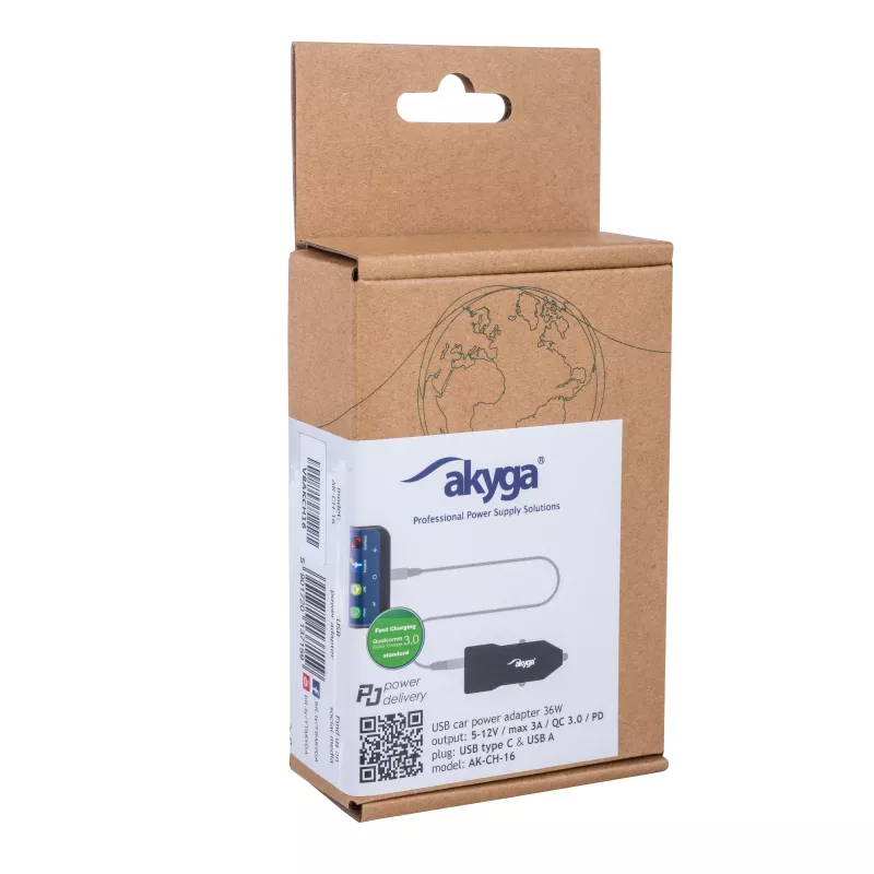Auto-Ladegerät 12/24V Akyga AK-CH-16 36W USB-A + USB-C PD Quick Charge 3.0 5-12V / 1,5-3A schwarz