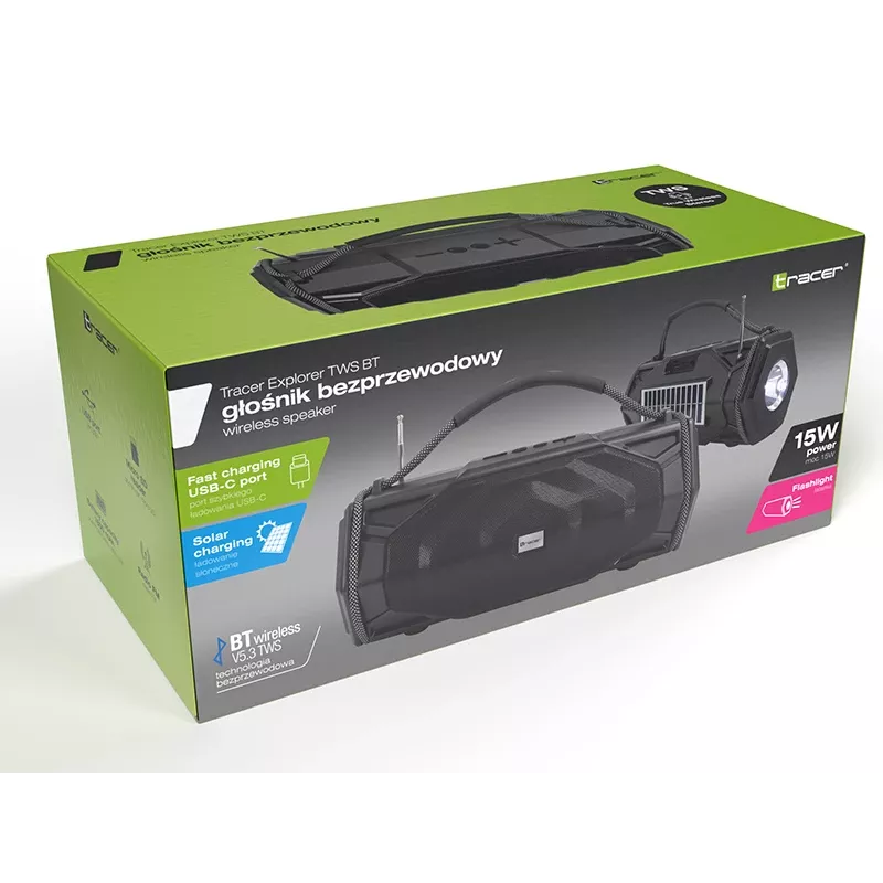 Tracer Explorer TRAGLO47616 tragbarer Bluetooth-Lautsprecher, TWS, Bluetooth 5.3, 15 W RMS, UKW-Radio, Taschenlampe, Solarpanel, 1800-mAh-Powerbank, microSD, Schwarz
