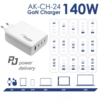 Akyga AK-CH-24 GaN-USB-Ladegerät 140 W, 3 x USB-C PD + USB-A, Weiß