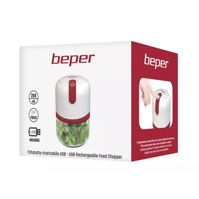 Beper P102ROB050 USB-wiederaufladbarer Zerkleinerer, 0,25 L, 30 W, Weiß/Rot