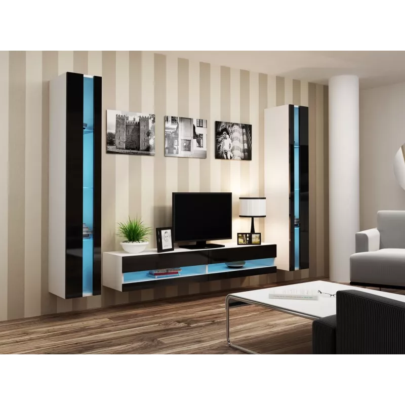 TV-Ständer Cama Meble VIGO NEW 30/180/40, weiße Oberplatte, schwarzer Hochglanzrahmen, 1800×400×300 mm