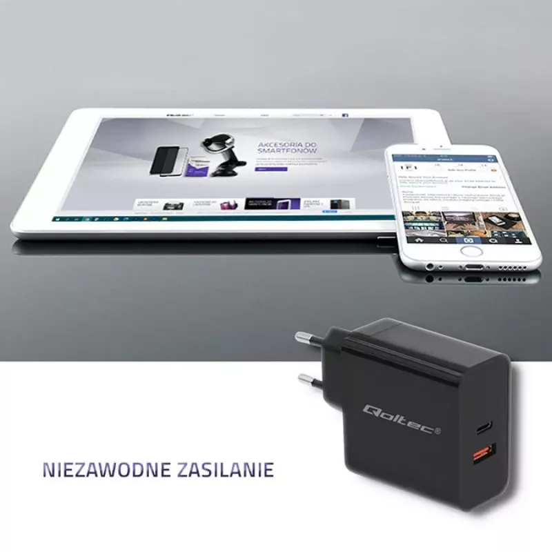 Qoltec 51716 Wandladegerät 63 W, USB-C PD + USB QC 3.0, 5-20 V 1,5-3 A, Schwarz