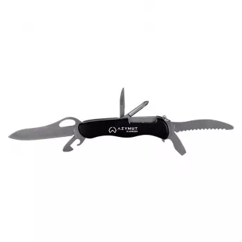 Taschenmesser AZYMUT HK20018 — vollwertiges Multitool, 9 Funktionen, 420J2/3CR13 Edelstahl, geschlossen 11 cm, 146 g, Lederetui, Schlüsselring