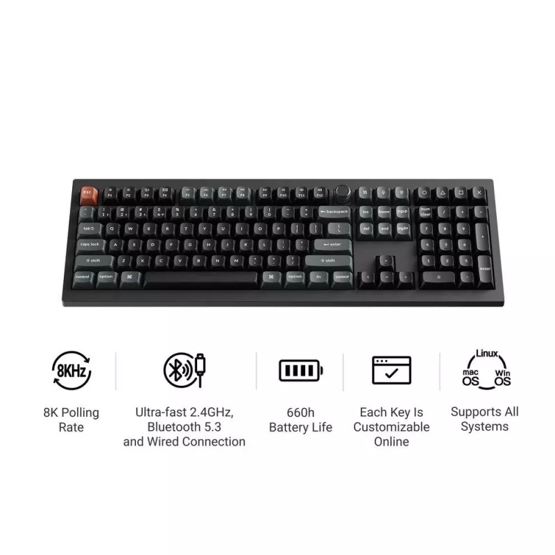 Mechanische Full-Size (100%) Tastatur Keychron V6 Ultra 8K — QWERTY, Bluetooth, RGB-LED, Schwarz