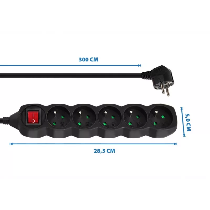 Power-Verlängerung ESPERANZA ELK215K – 3 m Kabel, 5 Typ-E-Schutzkontaktsteckdosen, für den Innenbereich, schwarz