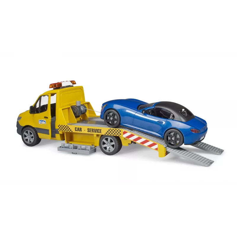 Bruder MB Sprinter Autotransporter mit Light & Sound Modul, orange/blau, inkl. Roadster