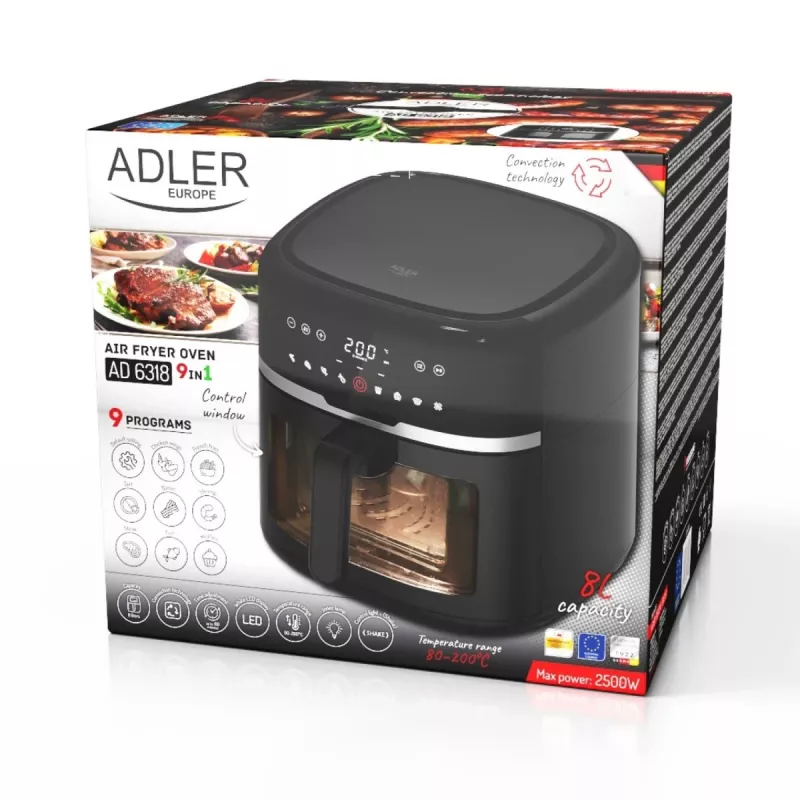 Adler AD 6318 Heißluftfritteuse, 8 l, 2500 W, LCD-Display, 9 Programme, Schwarz