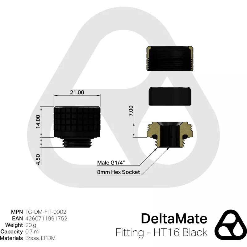 Thermal Grizzly DeltaMate HT16 Wasserkühlungsanschluss, Schwarz