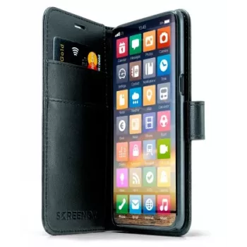 Wallet Case SCREENOR für iPhone 15 Plus (6,7 Zoll / 17 cm) Schwarz, Kunstleder & TPU, Schreibtischständer, 3 Kartenfächer