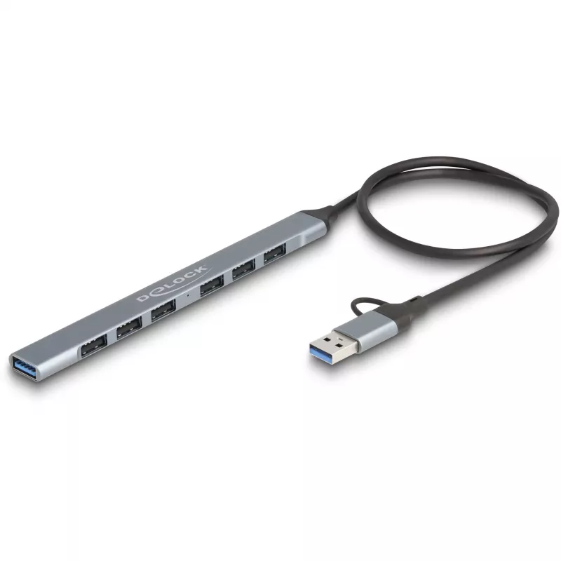 Delock 64273 7 Port Slim USB Hub, USB Type-C oder Typ-A auf 1x USB 5 Gbps Typ-A + 6x USB 2.0 Typ-A