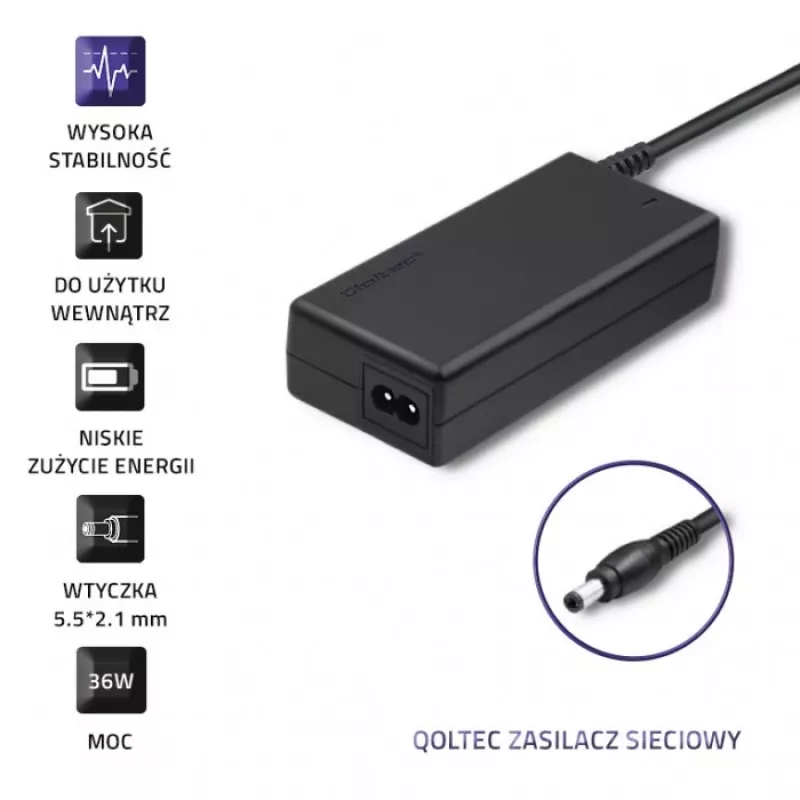 Qoltec 50769 Desktop-Netzteil 36 W, 12 V, 3 A, 5,5 x 2,1 mm, mit Netzkabel