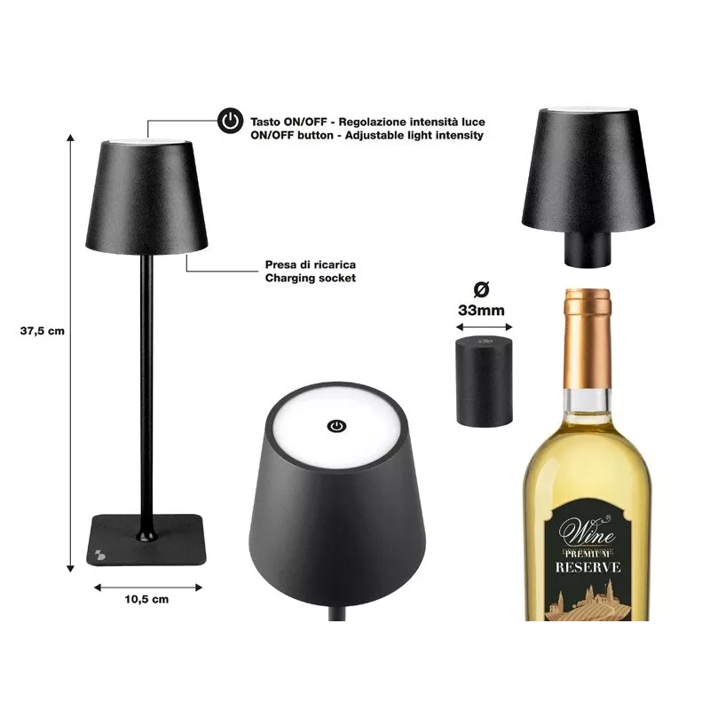 Beper P201UTP118 wiederaufladbare LED-Tischlampe, 1,5 W, Touch-Schalter, dimmbar, 33-mm-Flaschenadapter, wasserbeständig, schwarz