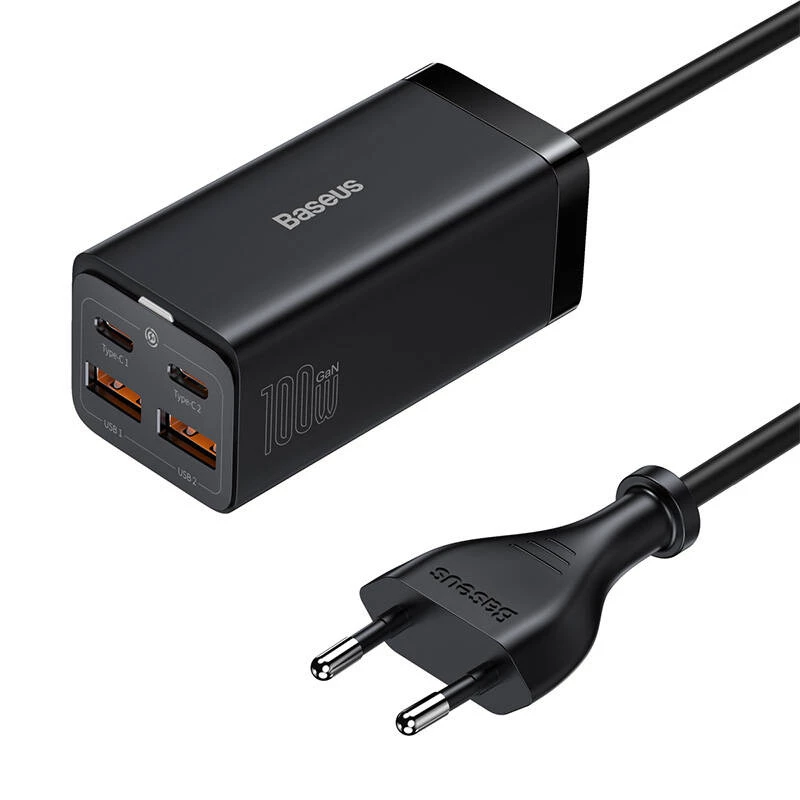 Baseus GaN3 Pro CCGP000101 Tischladegerät 100 W, 2x USB-C + 2x USB-A, PD 3.0, QC 4.0+, 1,5 m Kabel, Schwarz