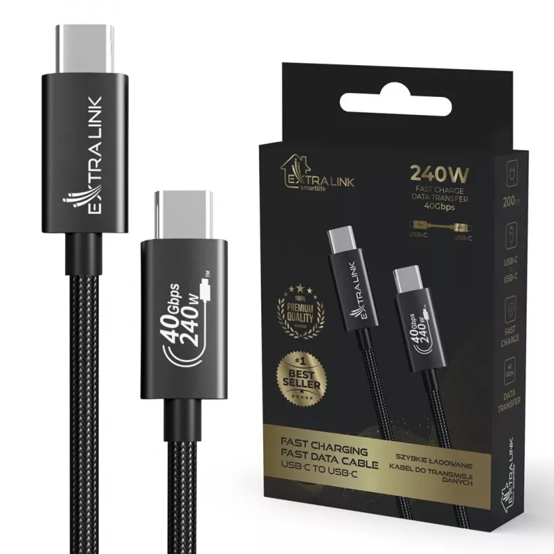 Extralink Smart Life CABESL05 USB-C-auf-USB-C-Kabel, geflochten, 240 W, 40 Gbit/s, 2 m, schwarz