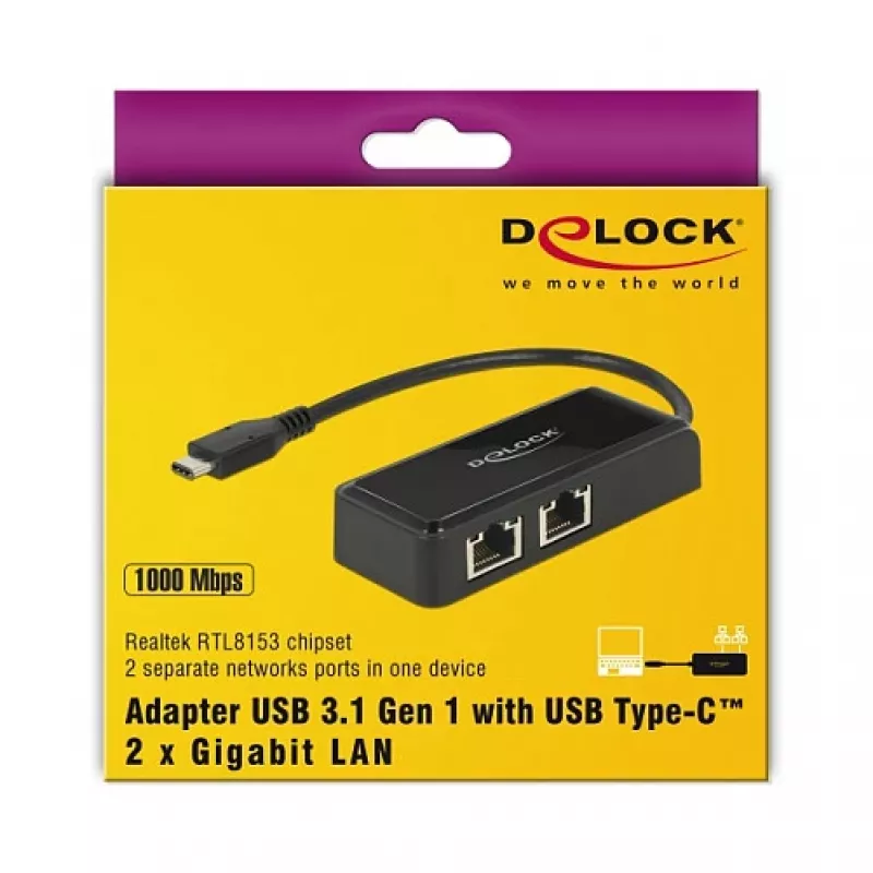 DeLOCK 63927 USB-C auf 2x Gigabit LAN Adapter, Schwarz