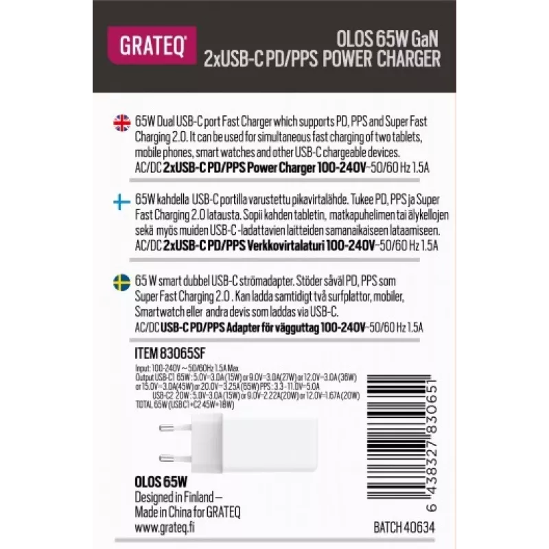 GRATEQ OLOS Wandladegerät PD/PPS, 2x USB-C, GaN, 65 W