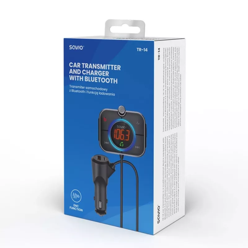 FM-Transmitter SAVIO TR-14 Bluetooth USB, FM 87,6–107,9 MHz, MicroSD, USB-C, 12 V Autostrom