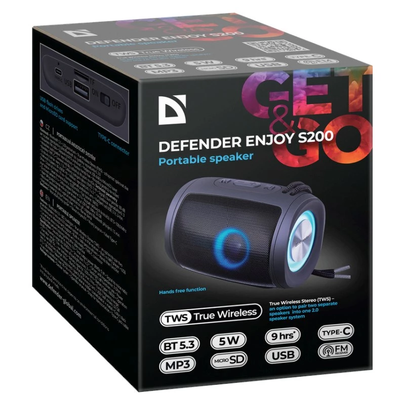 DEFENDER Enjoy S200 65200 tragbarer Bluetooth-Lautsprecher, TWS, 5 W, LED-Licht, FM, microSD, 10 Std. Akkulaufzeit, schwarz
