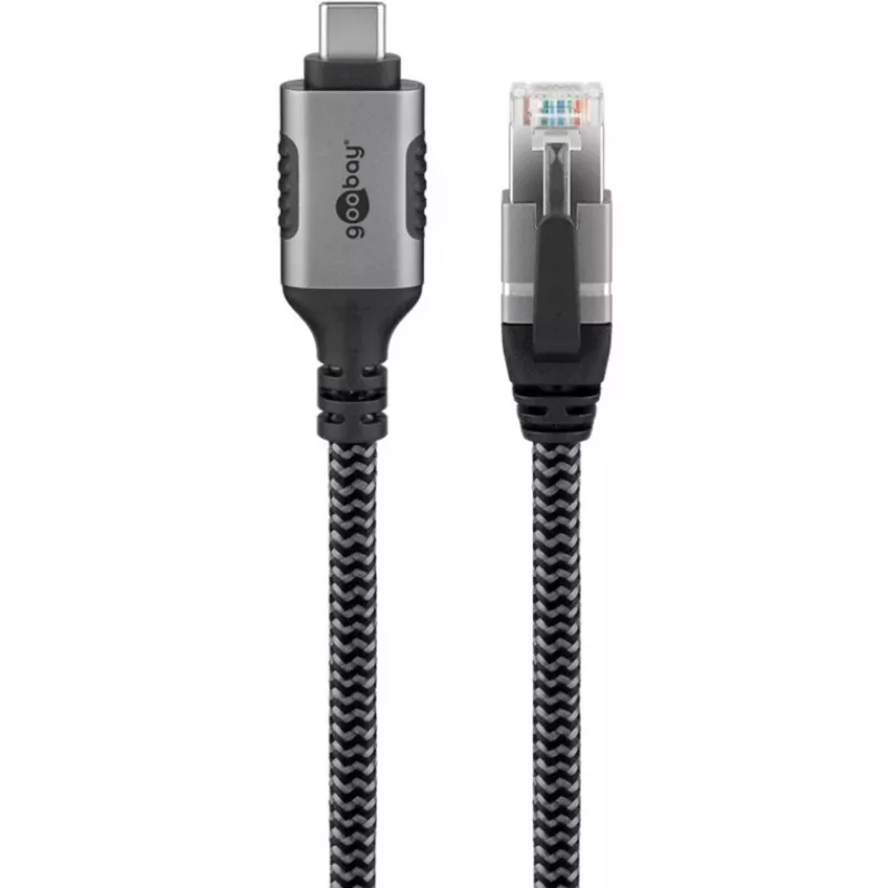 Ethernet-Kabel USB-C 3.2 Gen2 Stecker > RJ-45 Stecker, LAN-Adapter schwarz/Silber, 3 Meter, geflochtenes Textilmantel