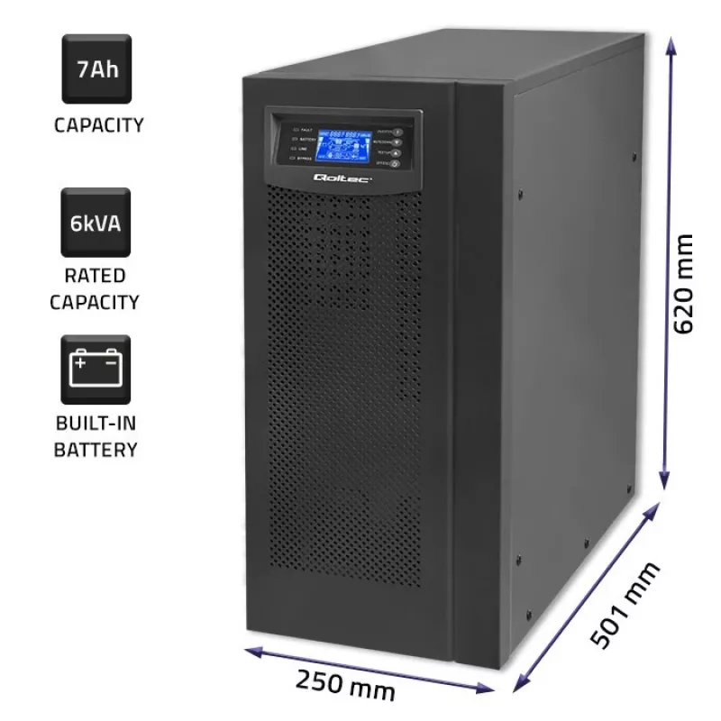 Qoltec 53982 On-line-USV mit reiner Sinuswelle, 6 kVA / 4,8 kW, LCD, USB