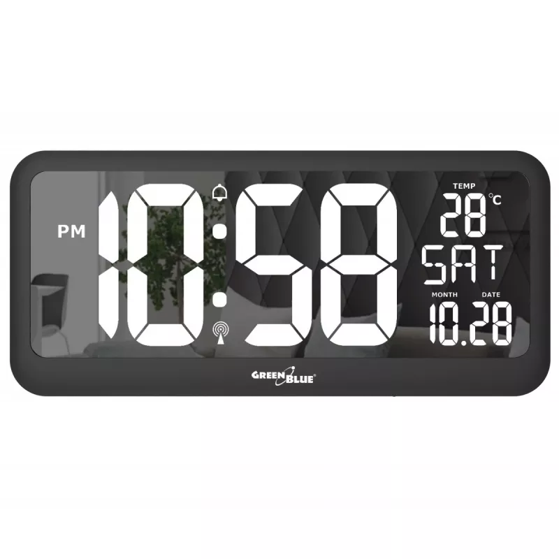 GreenBlue GB214 große digitale Wanduhr mit Temperatursensor und Datum, 37x17 cm LCD, Wandmontage oder freistehend, Netzadapter- und Batteriebetrieb