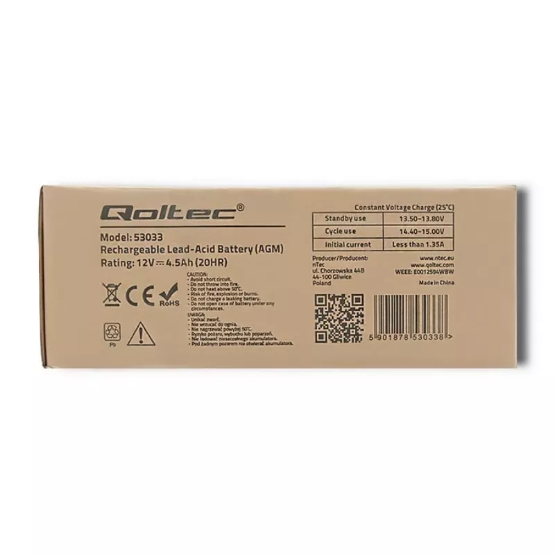 Qoltec 53033 AGM-Akku 12 V 4,5 Ah, max. 1,35 A, wartungsfrei