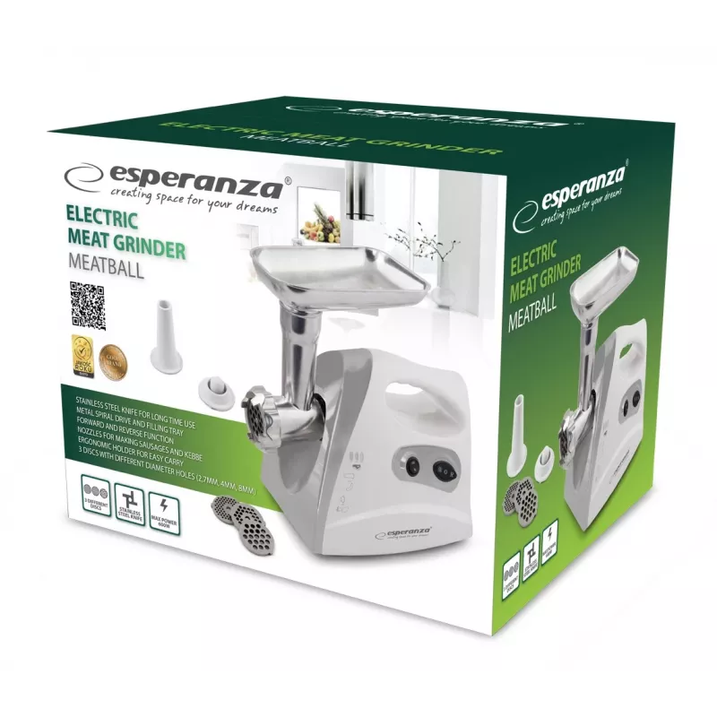 Esperanza EKM012E Meatball elektrischer Fleischwolf, 600 W, 3 Lochscheiben, Aufsätze für Wurst und Kebbe, grau