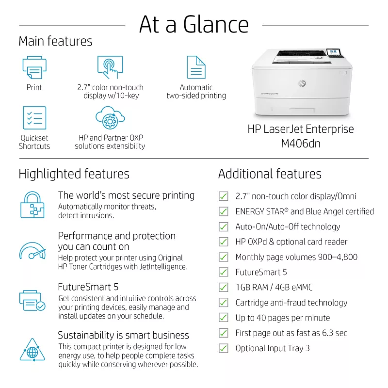 HP LaserJet Enterprise M406dn, Laser, 1200 x 1200 DPI, A4, 38 ppm, Duplexdruck, Netzwerkbereit