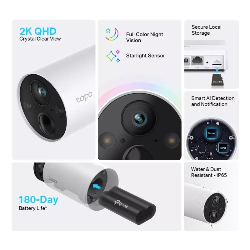 TP-Link Tapo Smart Wire-Free Security Camera, IP-Sicherheitskamera, Innen- & Außenbereich, Kabellos, Wand/Mast, Weiß, Turret
